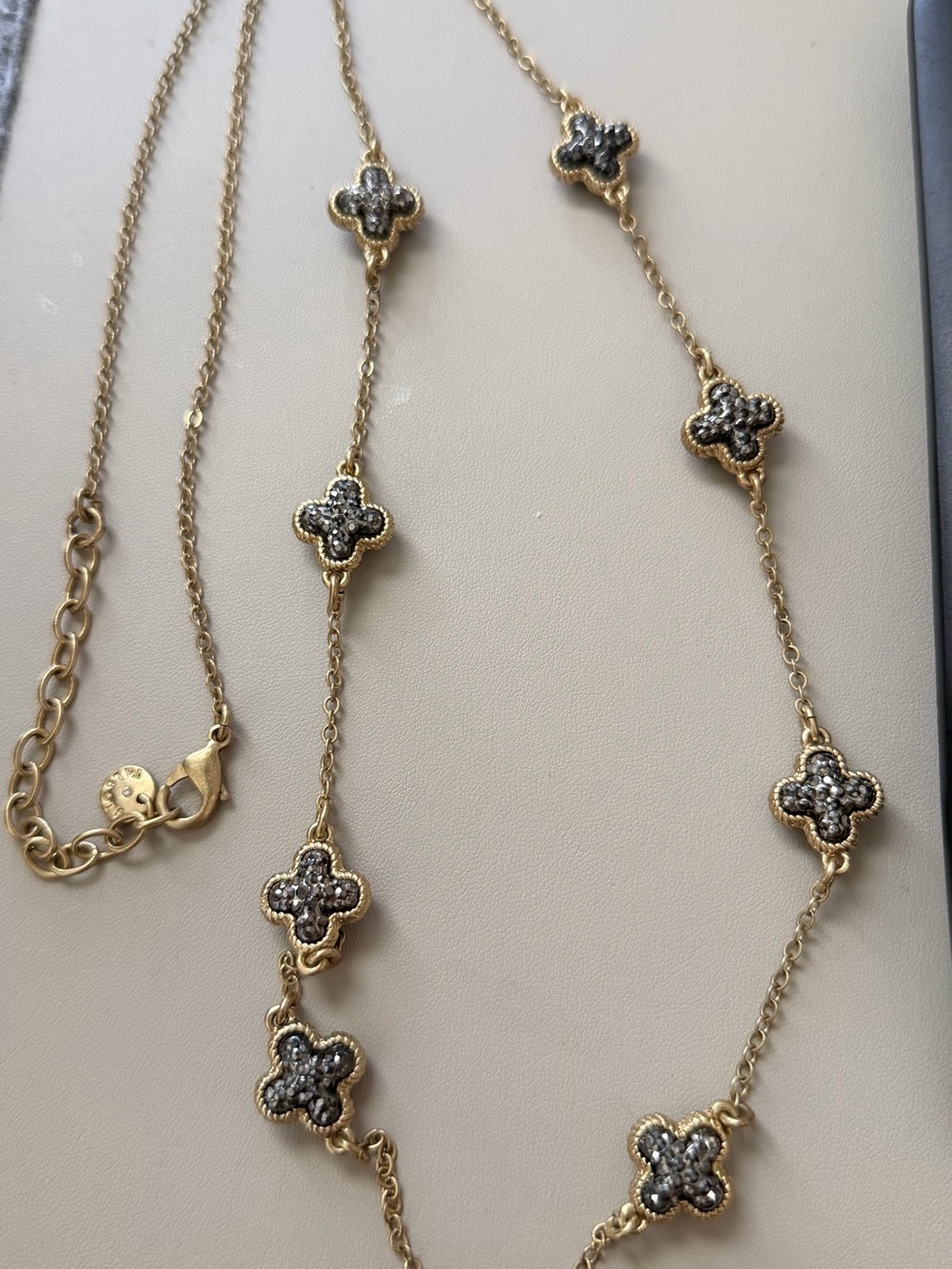 Talbots Gold-Tone Clover Station Necklace with Gray Accents